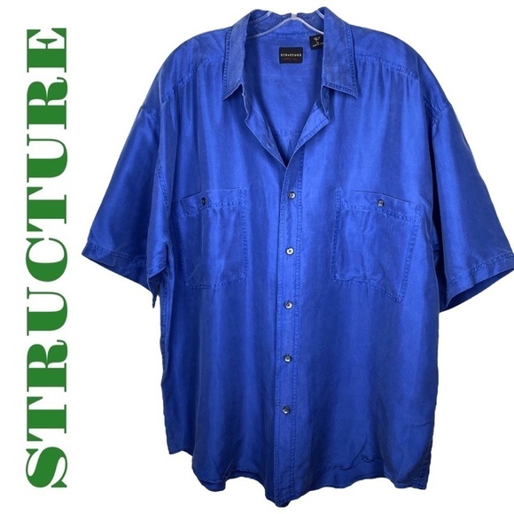 STRUCTURE Vintage Y2K 100% Silk Short Sleeve Button Up Shirt Royal Blue, Size L - Picture 1 of 8